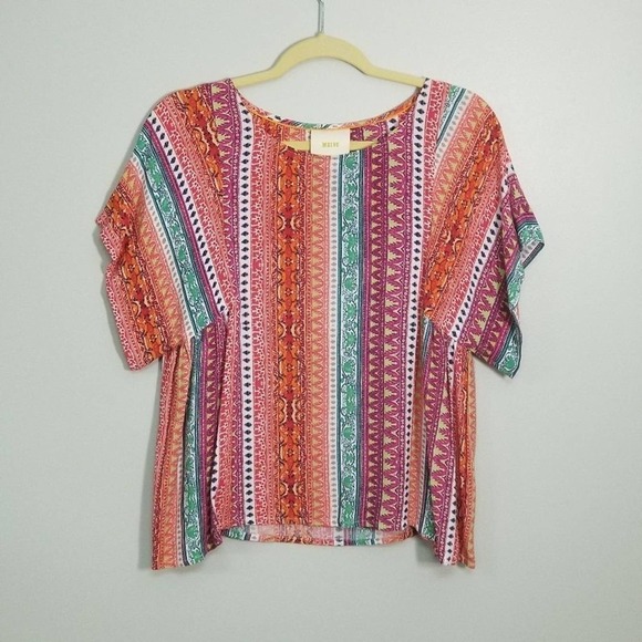 Anthropologie Maeve Boho Festival Aztec Print Round Neck Stripe Blouse Size XS - Picture 1 of 6